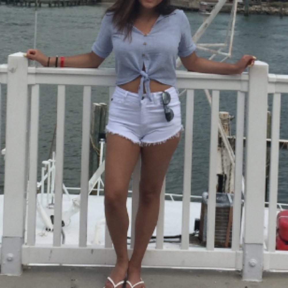 Blue button up crop top